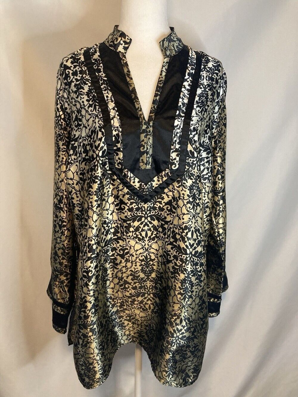 Lane Bryant Women 18 20 Top Caftan Kaftan Blouse Black Gold Paisley Silky Tunic